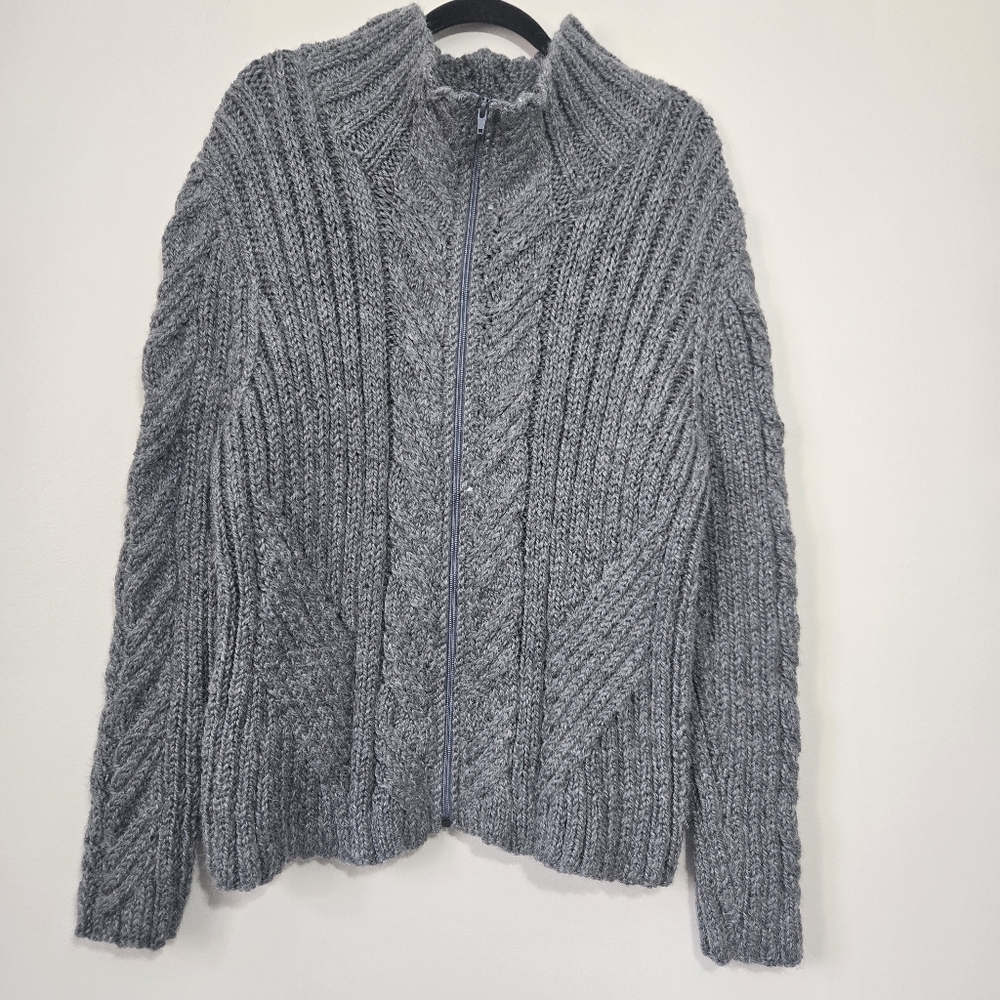 Hand Knit Wool Blend Cable Knit Full Zip Cardigan Sweater Gray Chunky Men L - XL